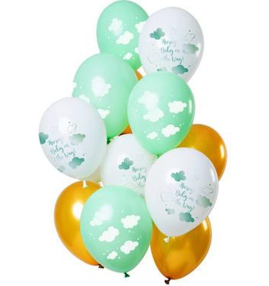 Ballonnen \'Hooray, Baby on the way!\' Groen-Goud 30cm - 12 stuks